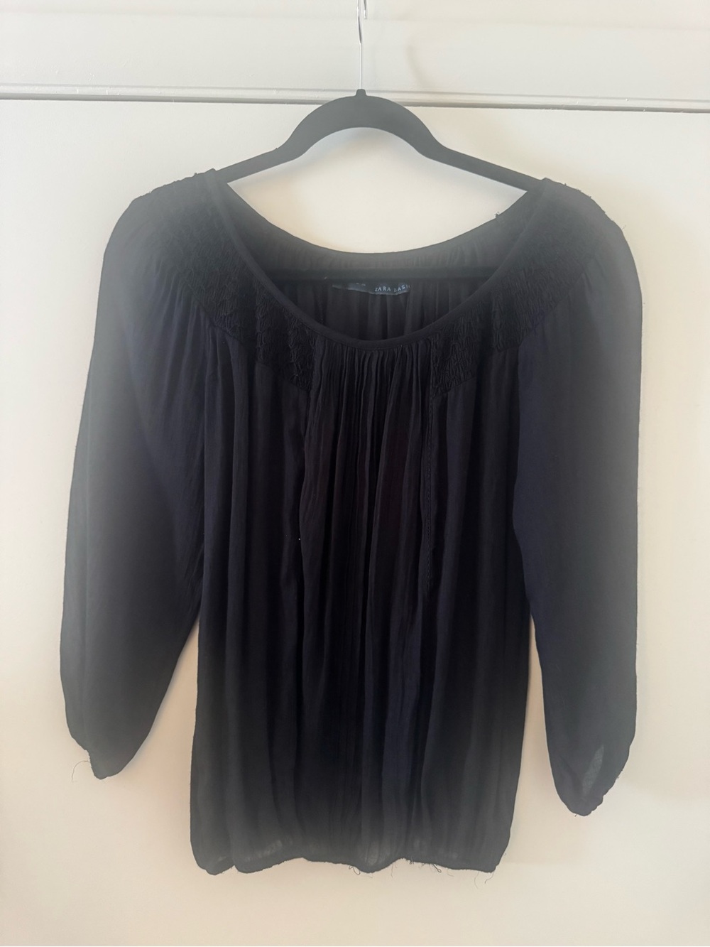 Zara Black Smocked Yoke Peasant Blouse